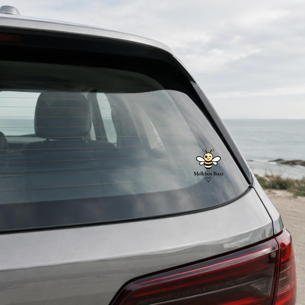 Melkbos Buzz logo decal on a car rear window — product mockup