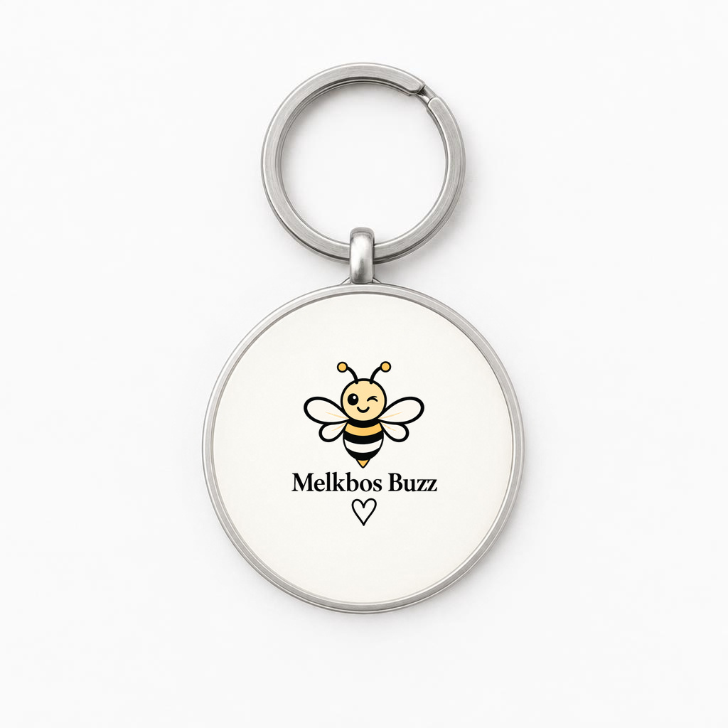 Round keyring with the Melkbos Buzz logo — product mockup
