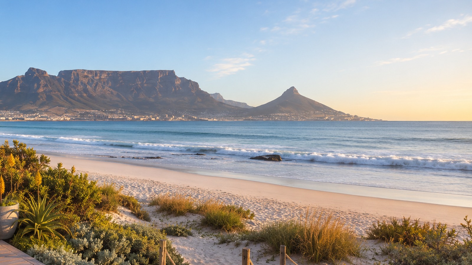 Melkbosstrand coastline with Table Mountain in the distance