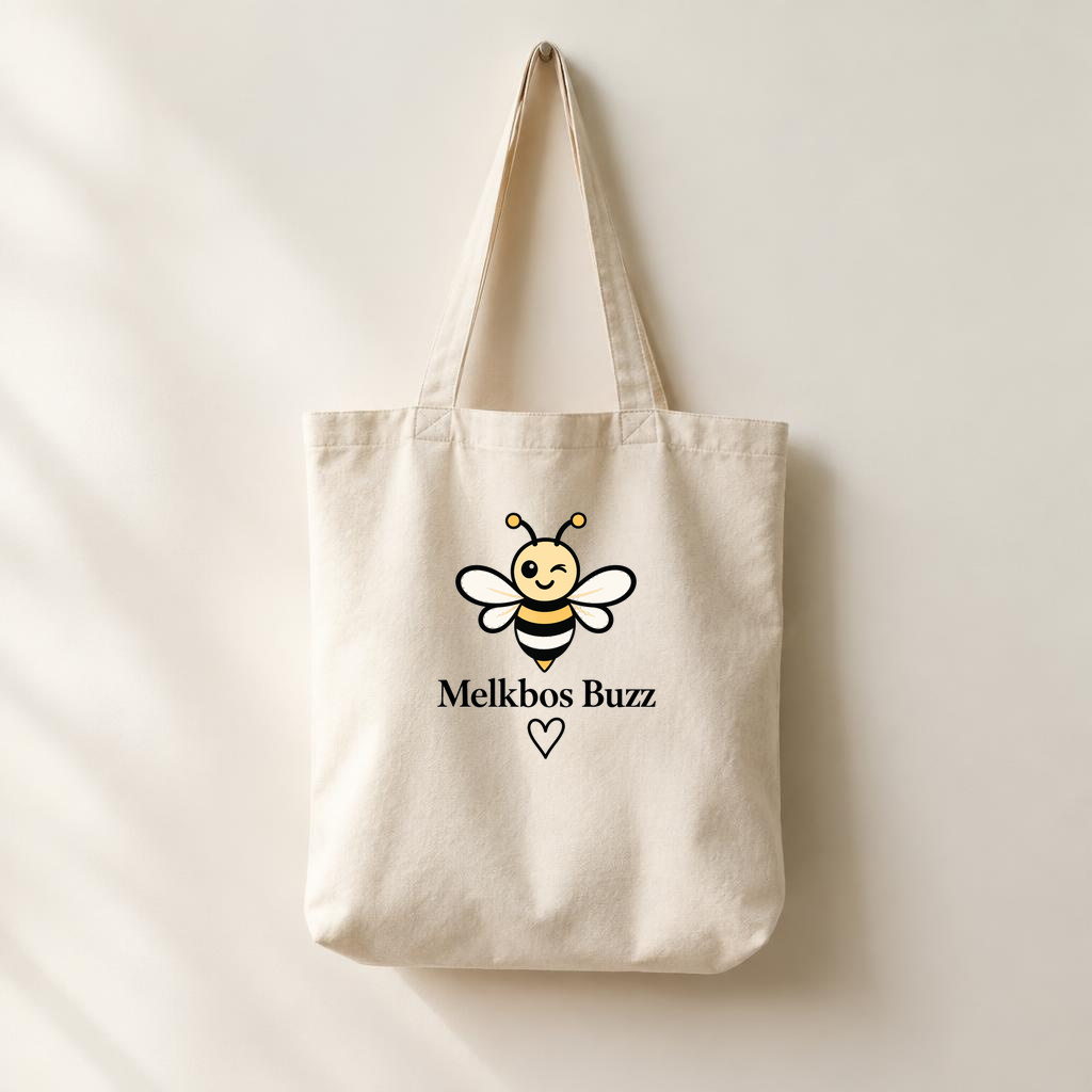Natural canvas tote with the Melkbos Buzz logo — product mockup